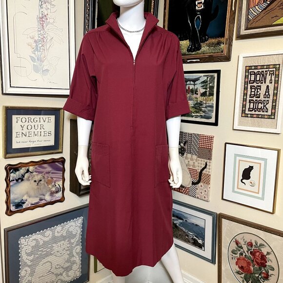 70s Vintage Anjac Deep Red Zip Front Cropped Sleeve Shift Dress House Coat 16 - Picture 1 of 6